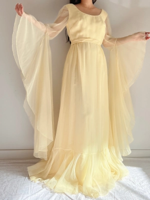 1960s Angel Sleeves Chiffon Gown - S