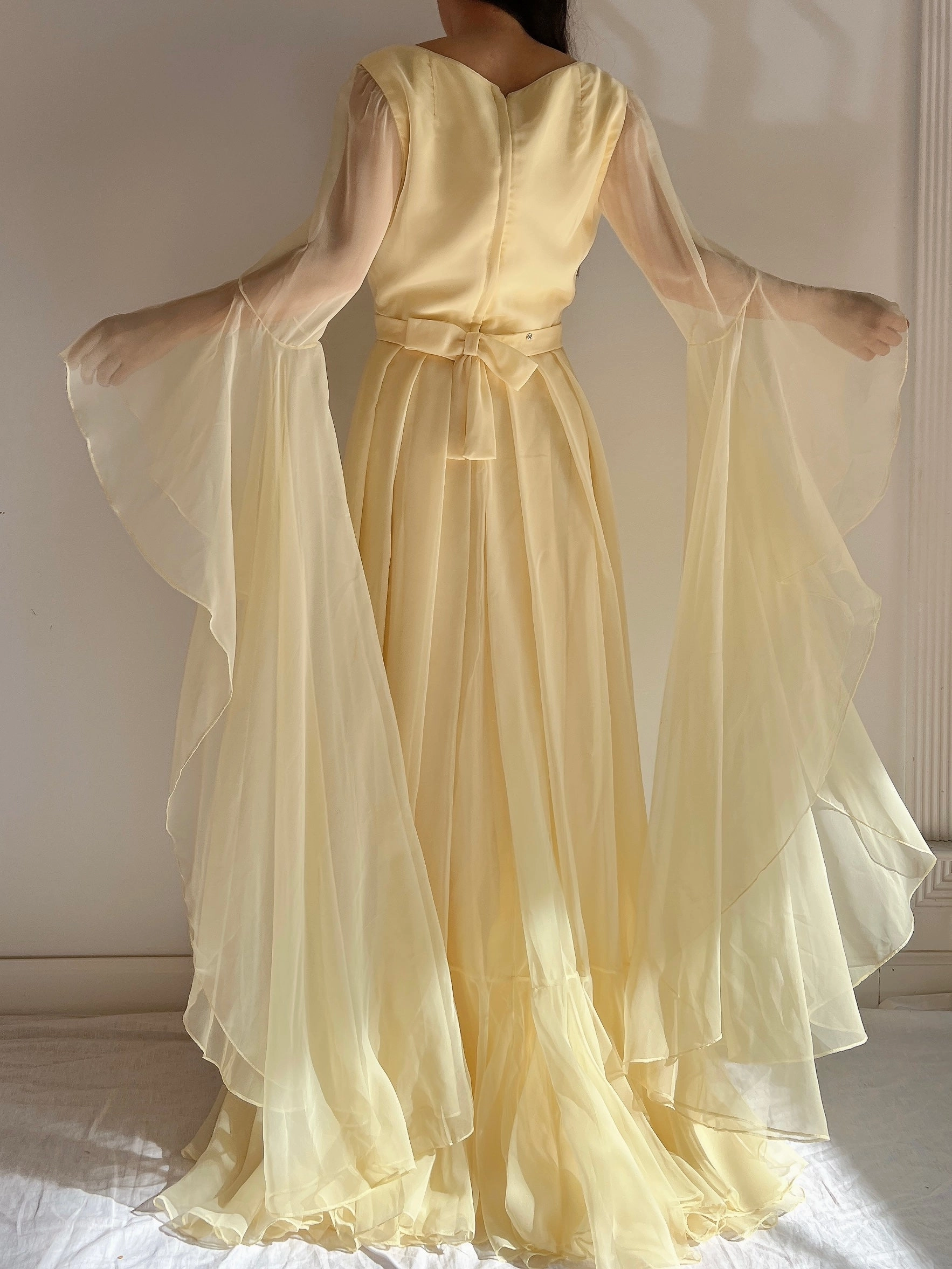 1960s Angel Sleeves Chiffon Gown - S