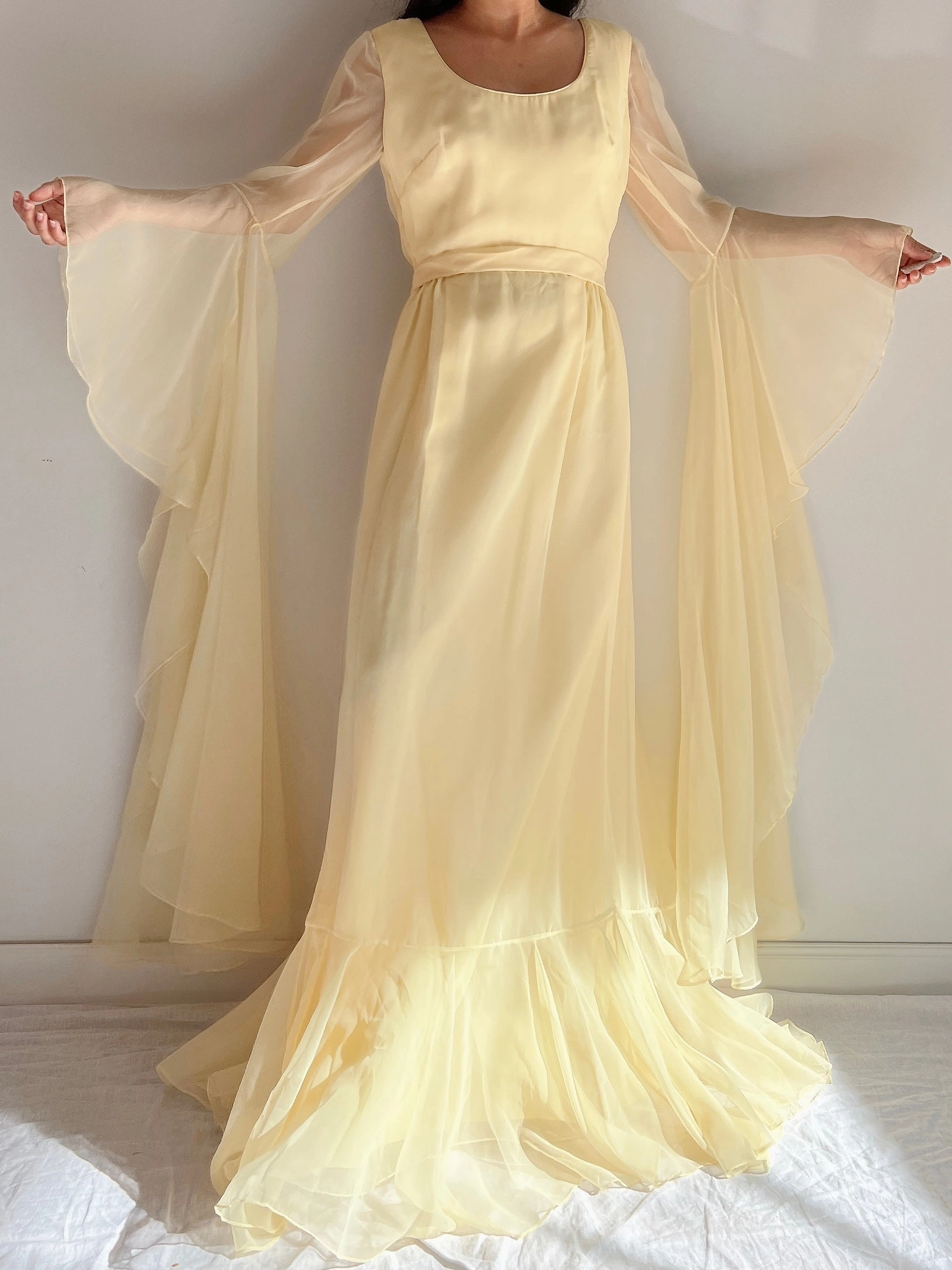1960s Angel Sleeves Chiffon Gown - S