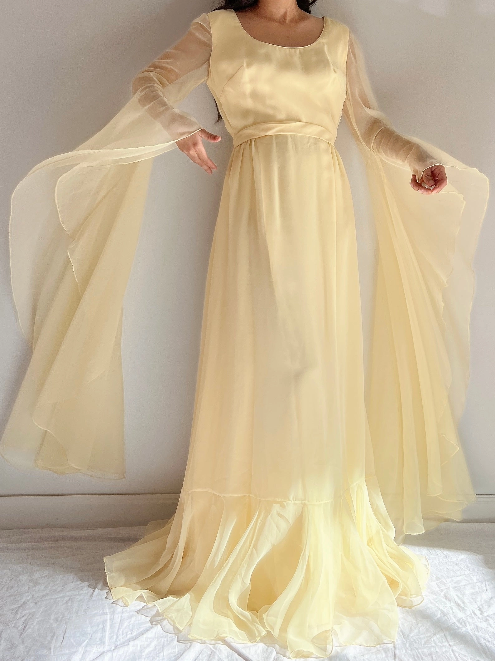 1960s Angel Sleeves Chiffon Gown - S
