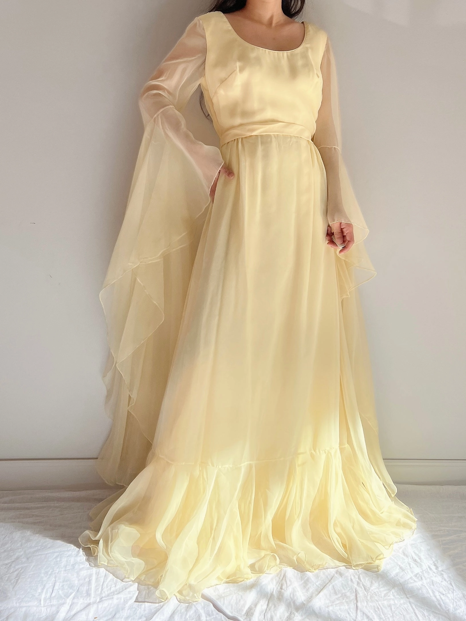1960s Angel Sleeves Chiffon Gown - S