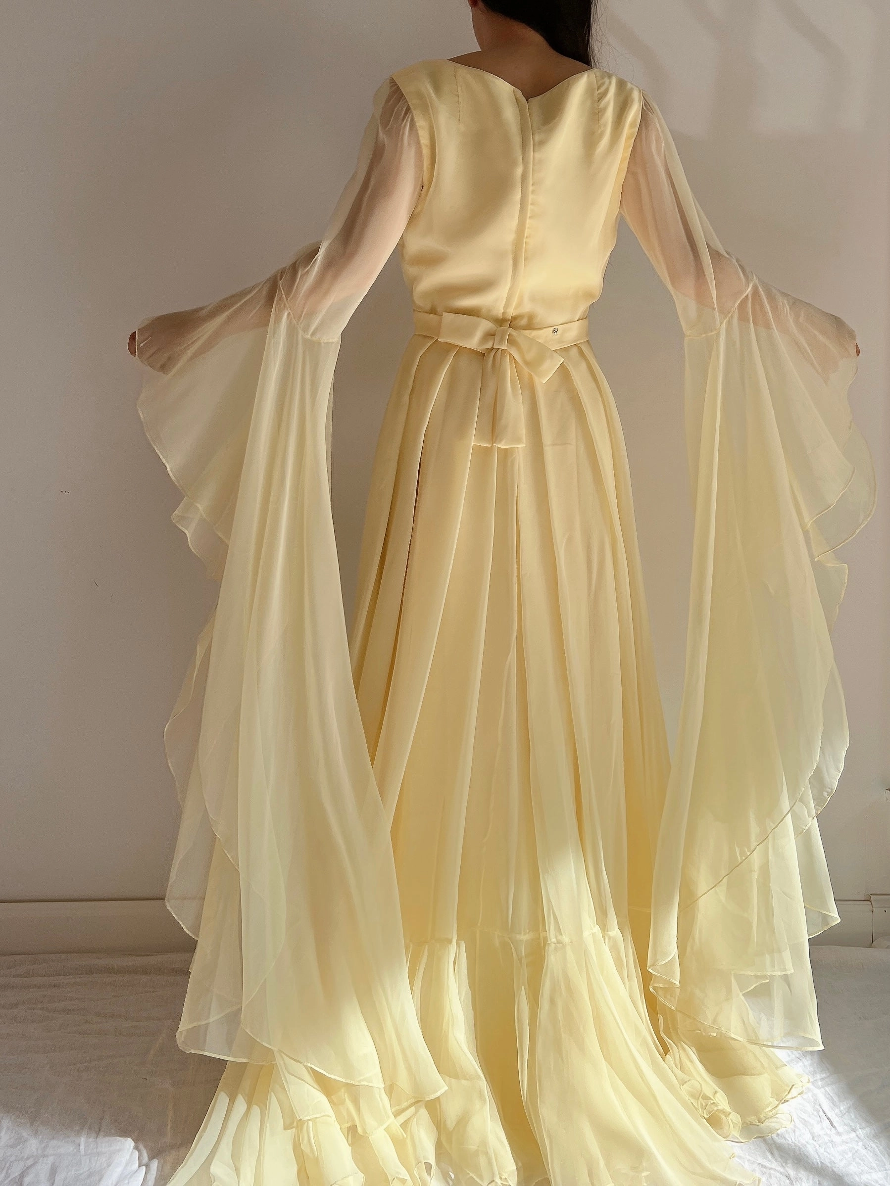 1960s Angel Sleeves Chiffon Gown - S