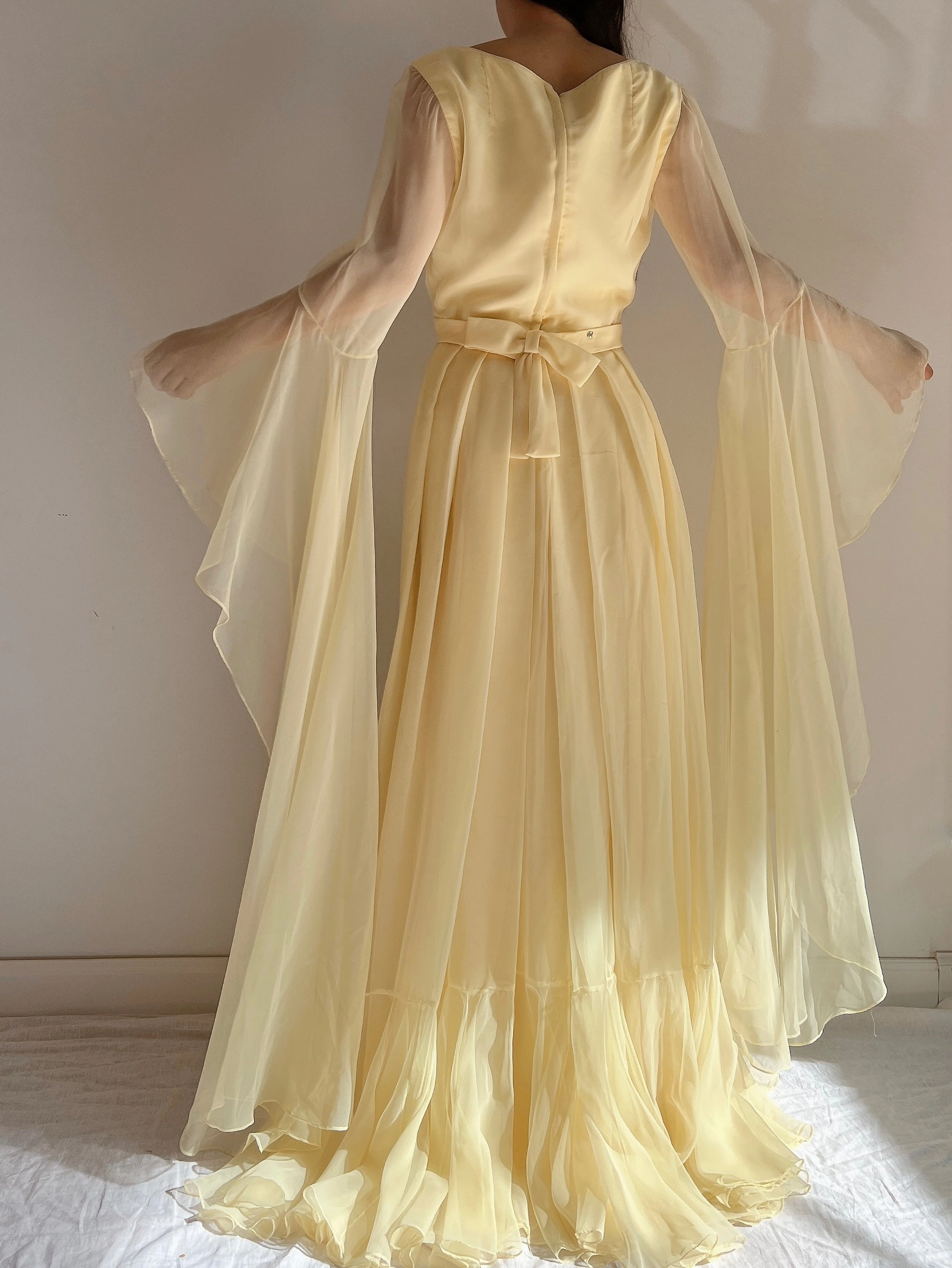 1960s Angel Sleeves Chiffon Gown - S