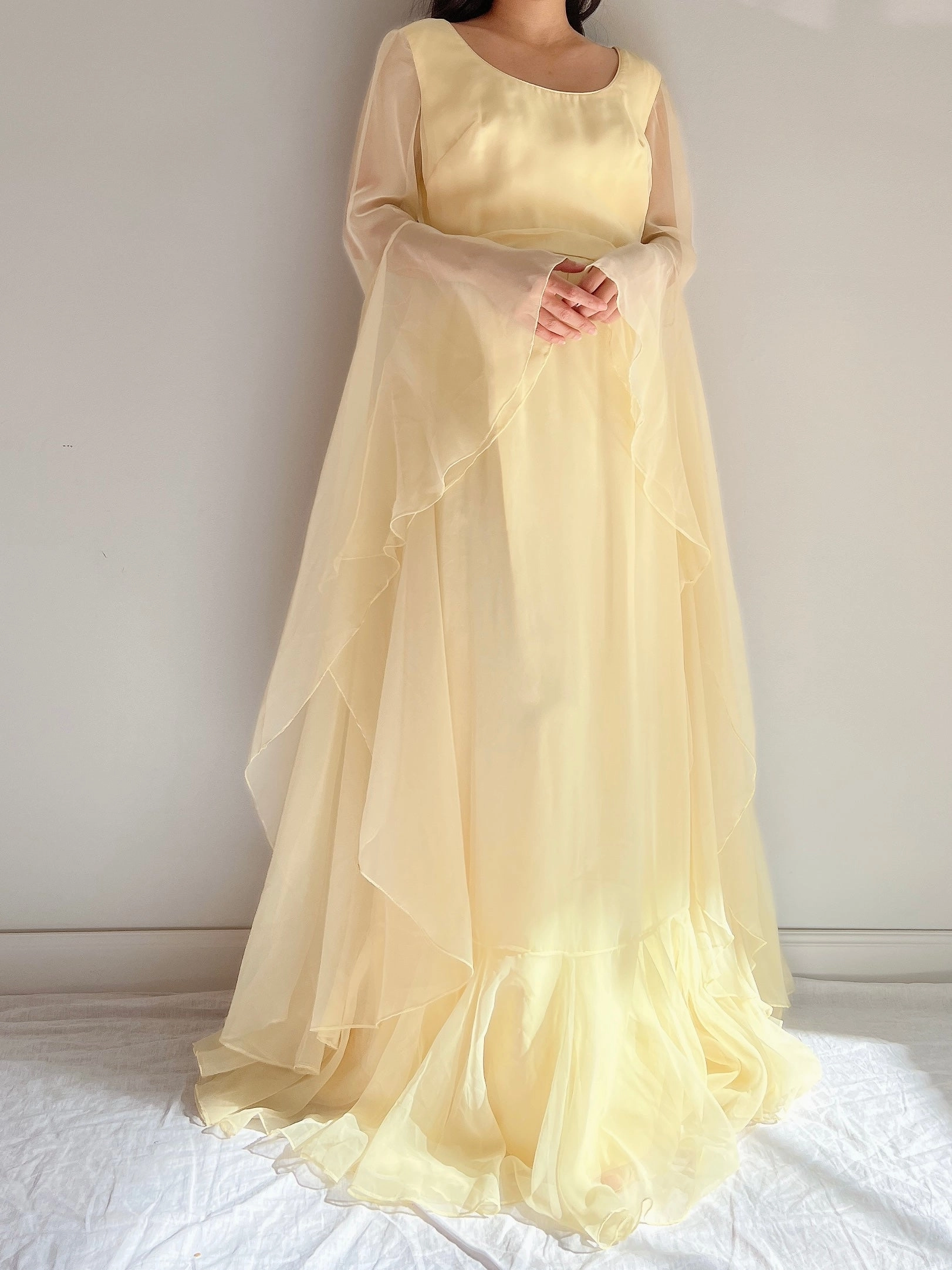 1960s Angel Sleeves Chiffon Gown - S