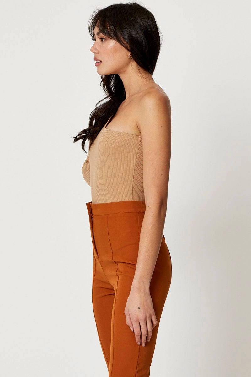 Beige One Shoulder Ribbed Top