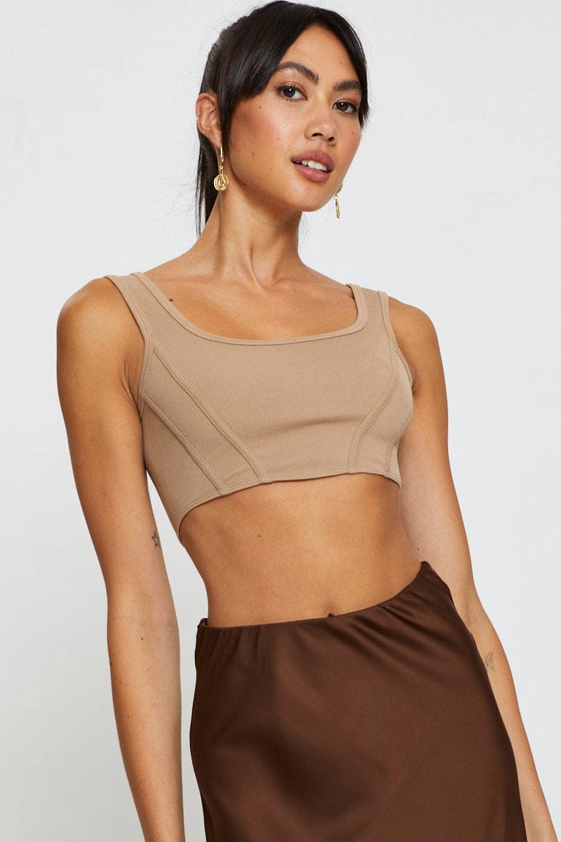 Brown Crop Tank Top Sleeveless Round Neck Seamless