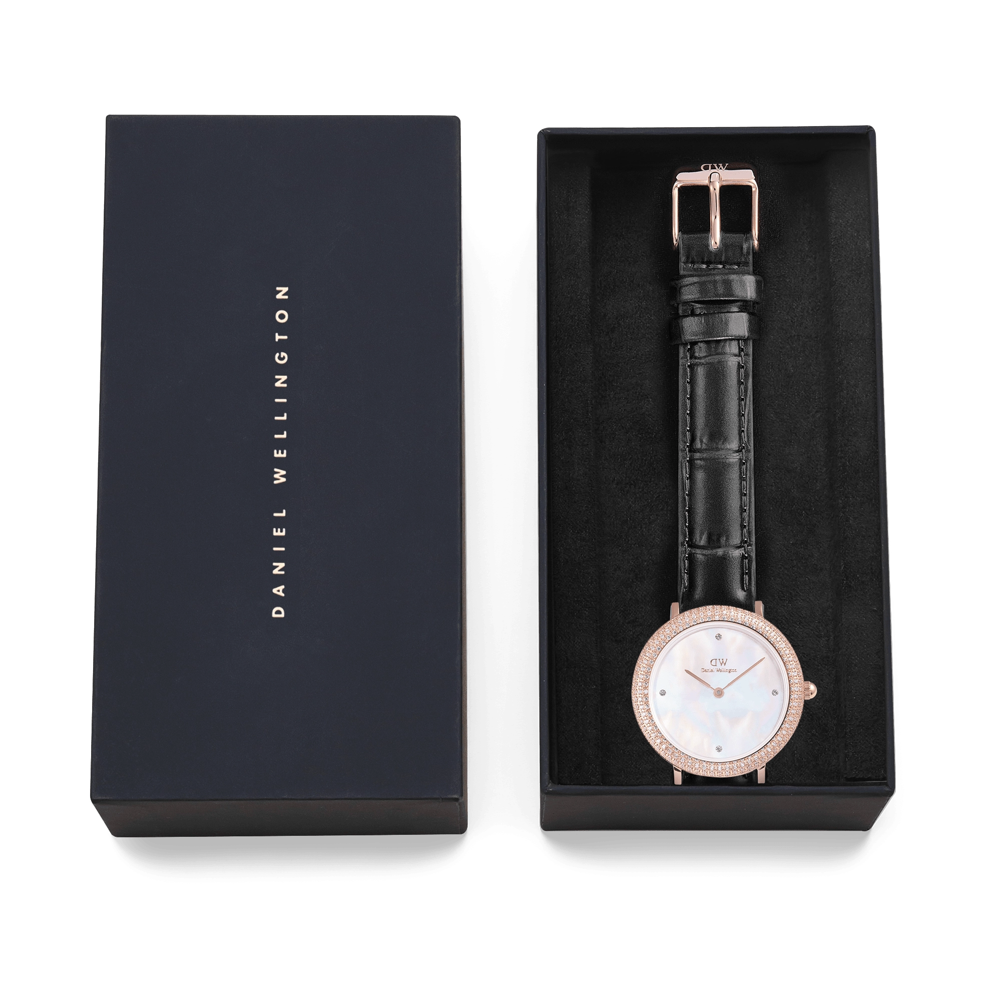 Crystalline Bezel Black Croc Rose Gold