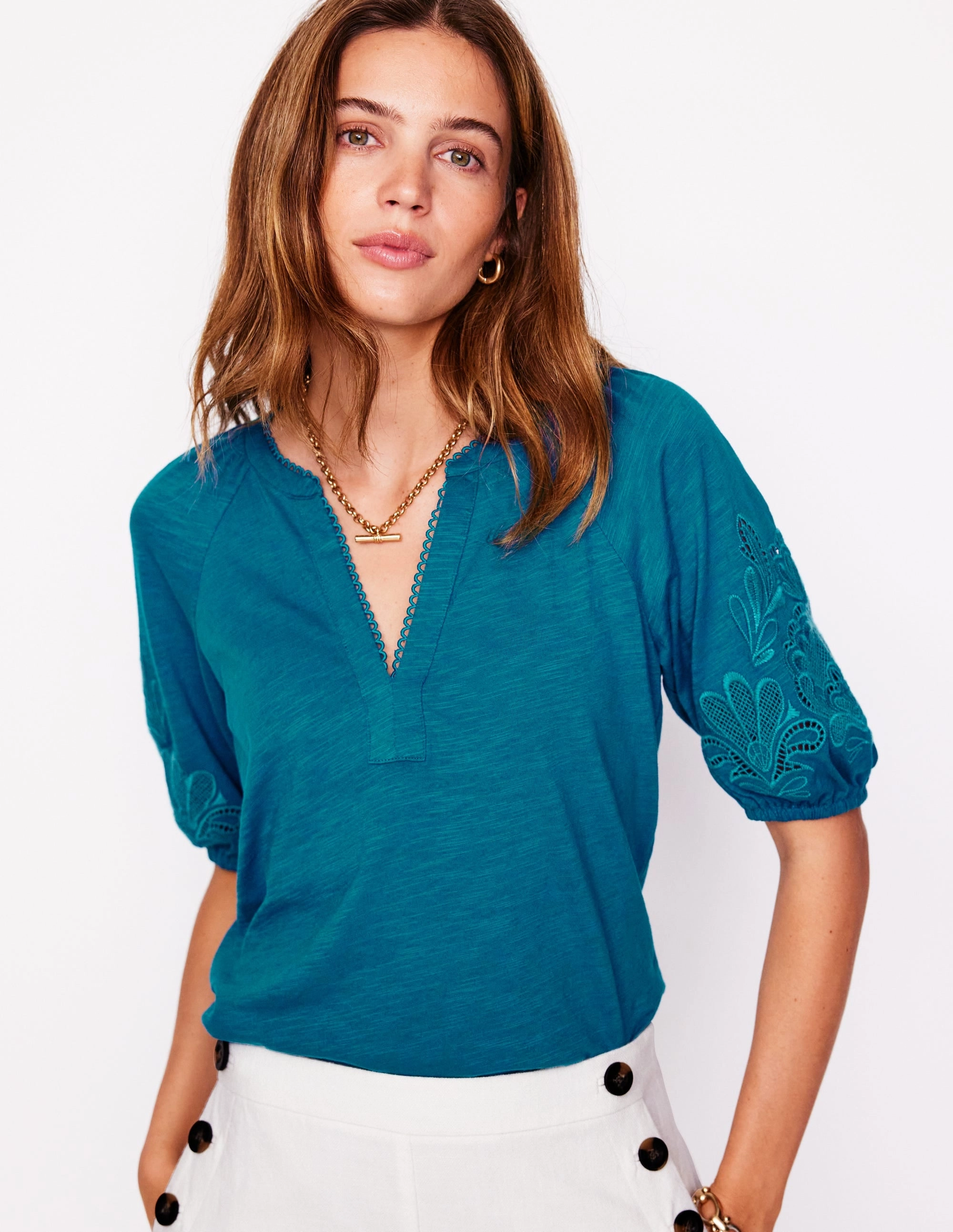 Cutwork Notch Neck Top-Deep Sea Green