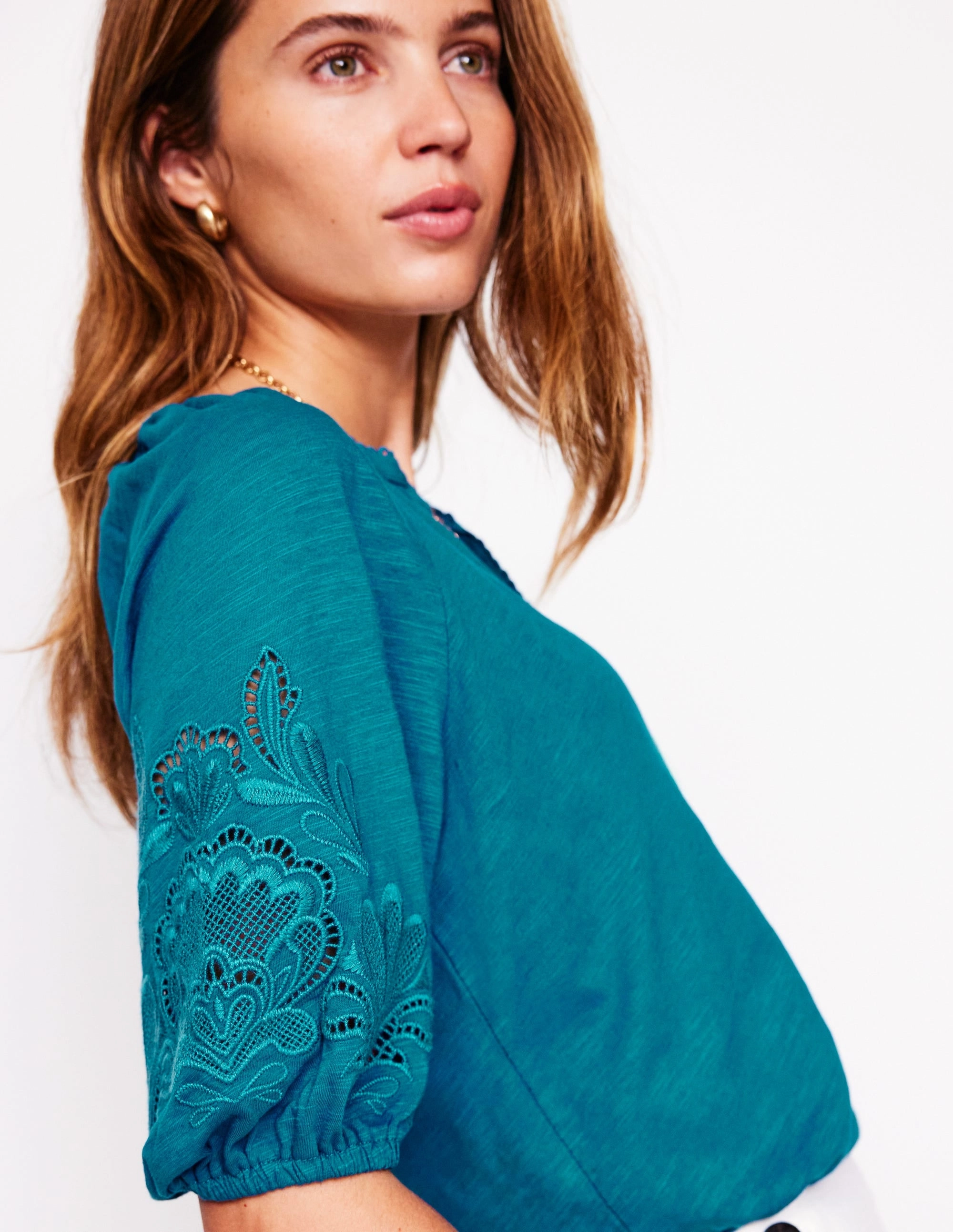 Cutwork Notch Neck Top-Deep Sea Green