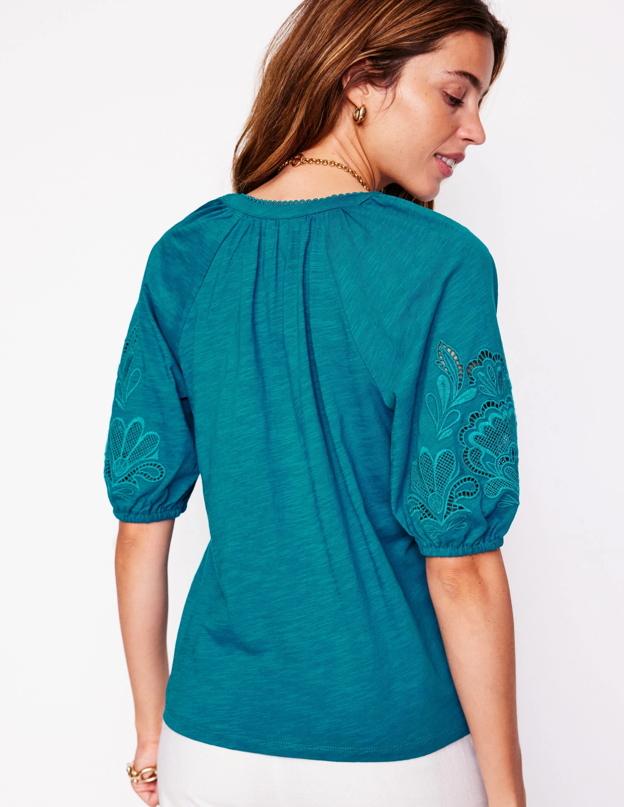 Cutwork Notch Neck Top-Deep Sea Green
