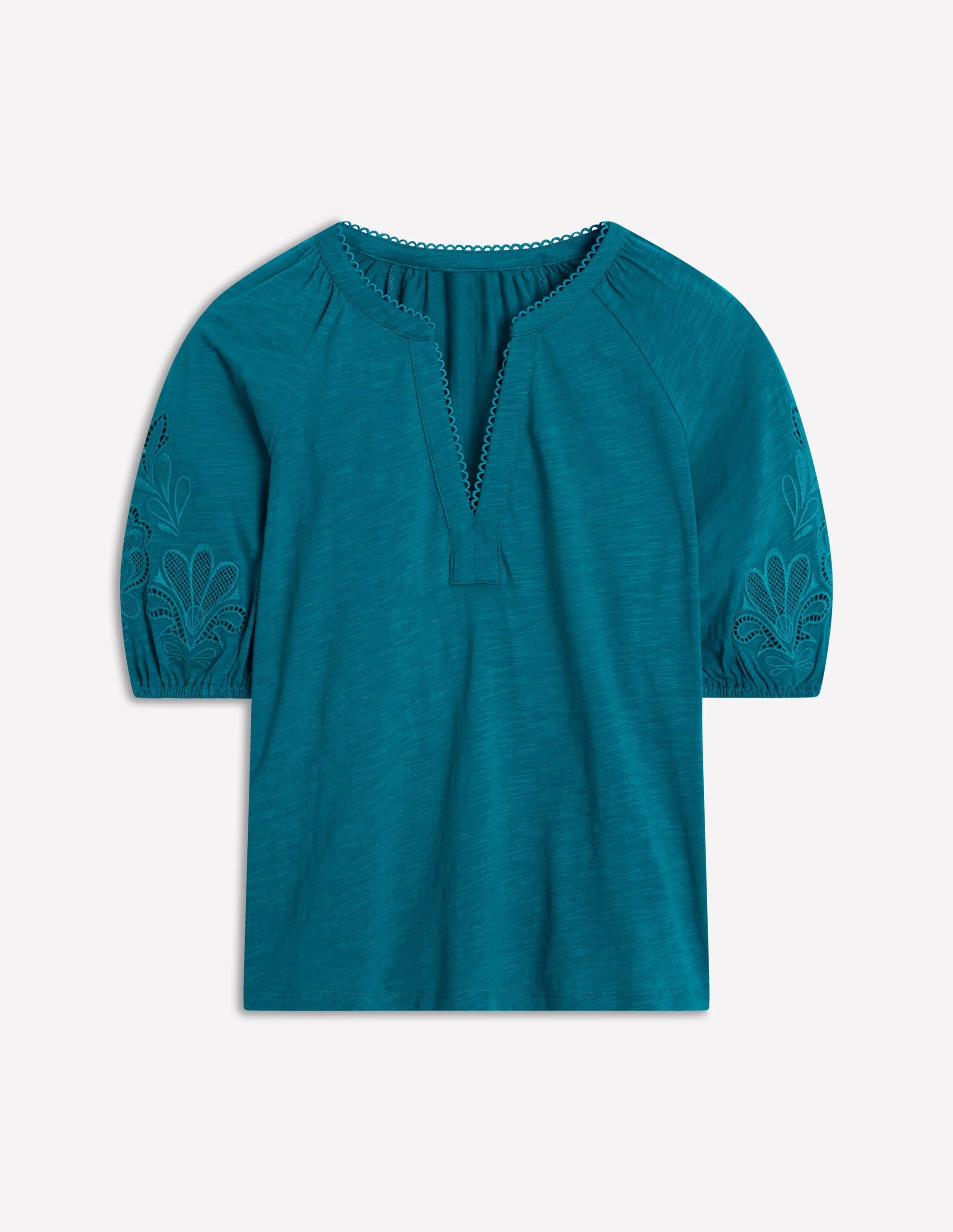Cutwork Notch Neck Top-Deep Sea Green