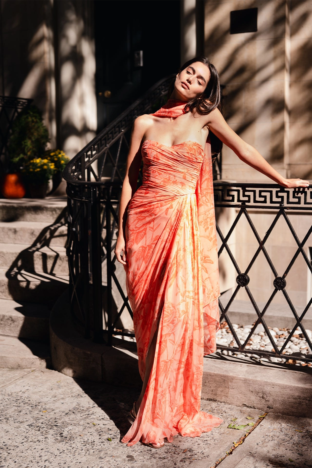 Draped Chiffon Gown with Scarf