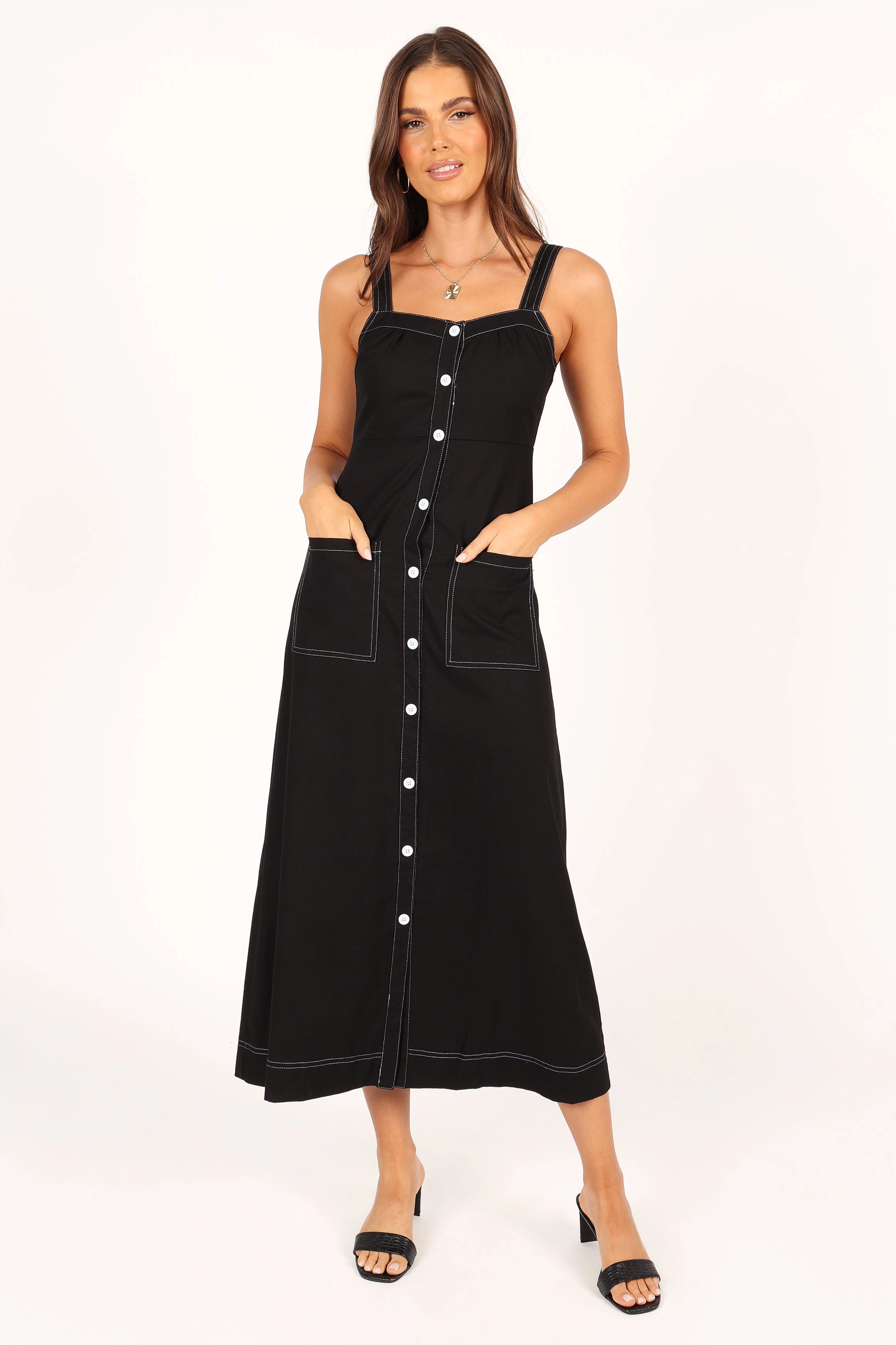 Estelle Contrast Stitch Midi Dress - Black