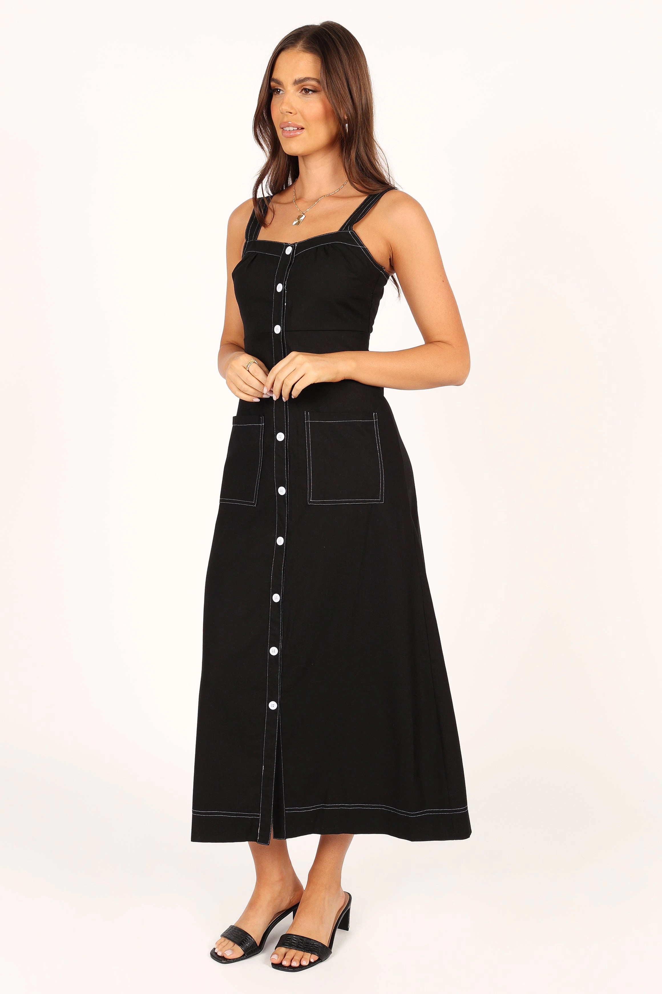 Estelle Contrast Stitch Midi Dress - Black