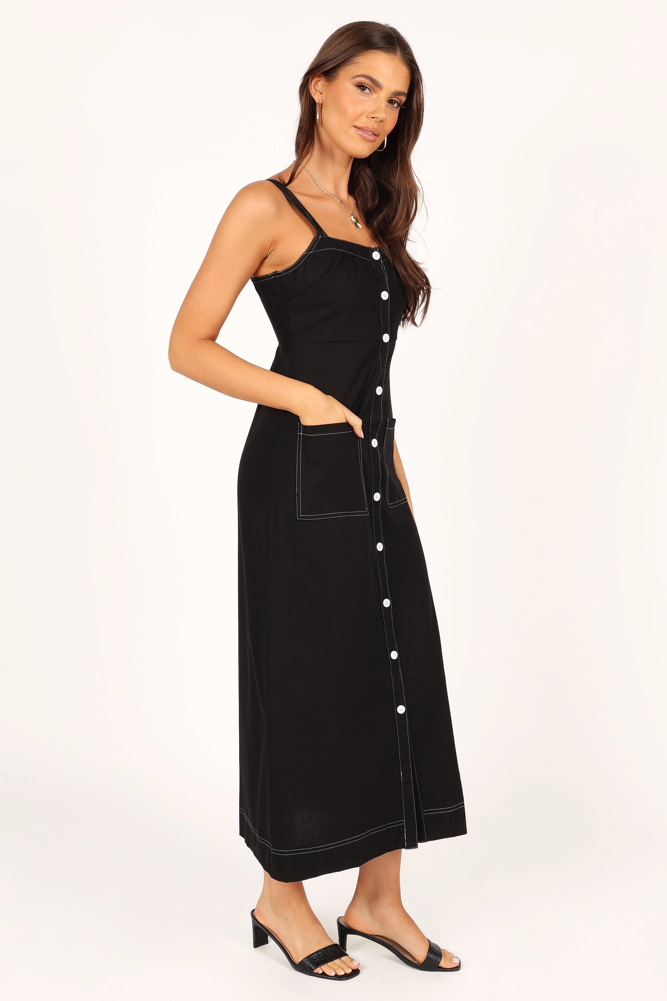 Estelle Contrast Stitch Midi Dress - Black