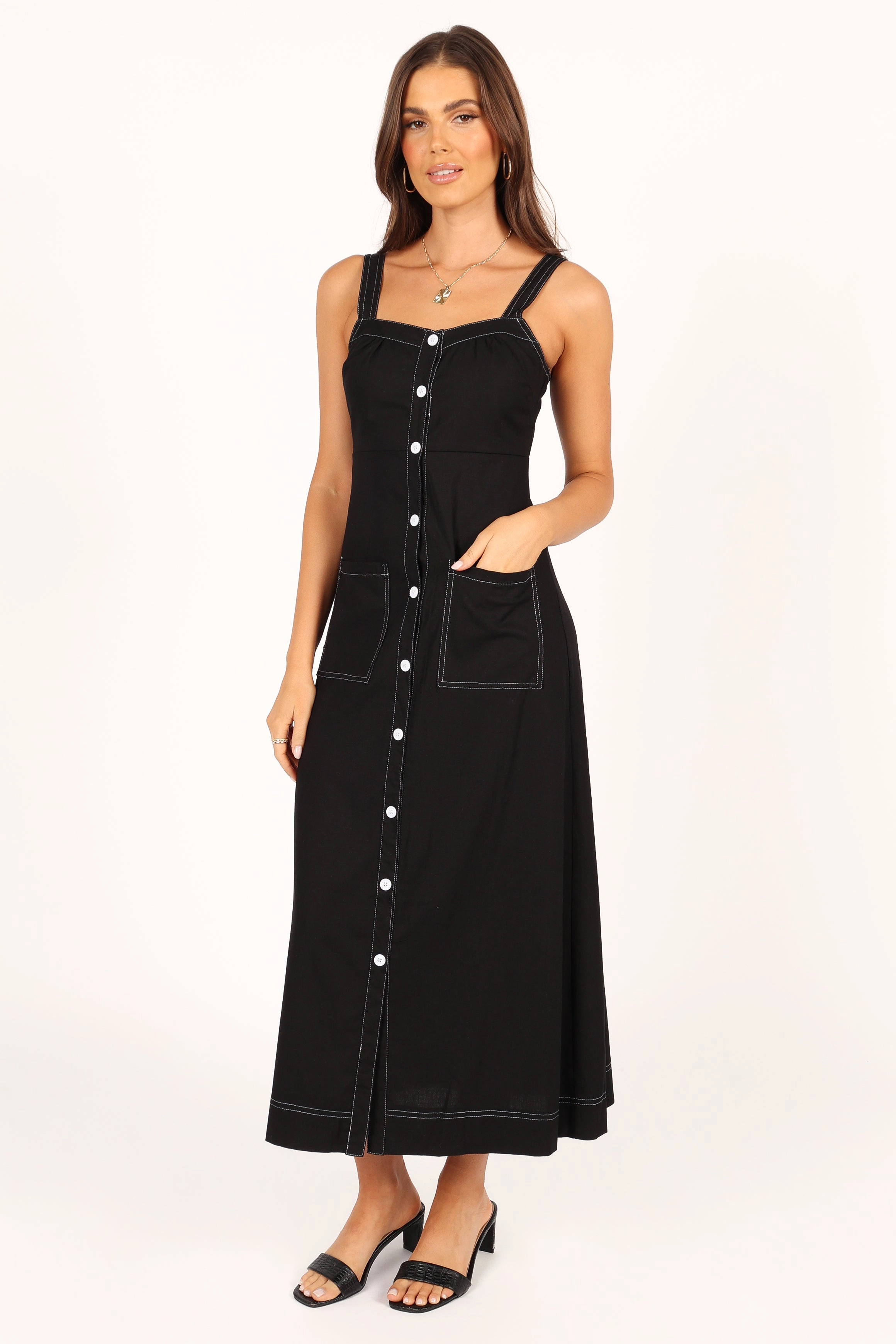 Estelle Contrast Stitch Midi Dress - Black