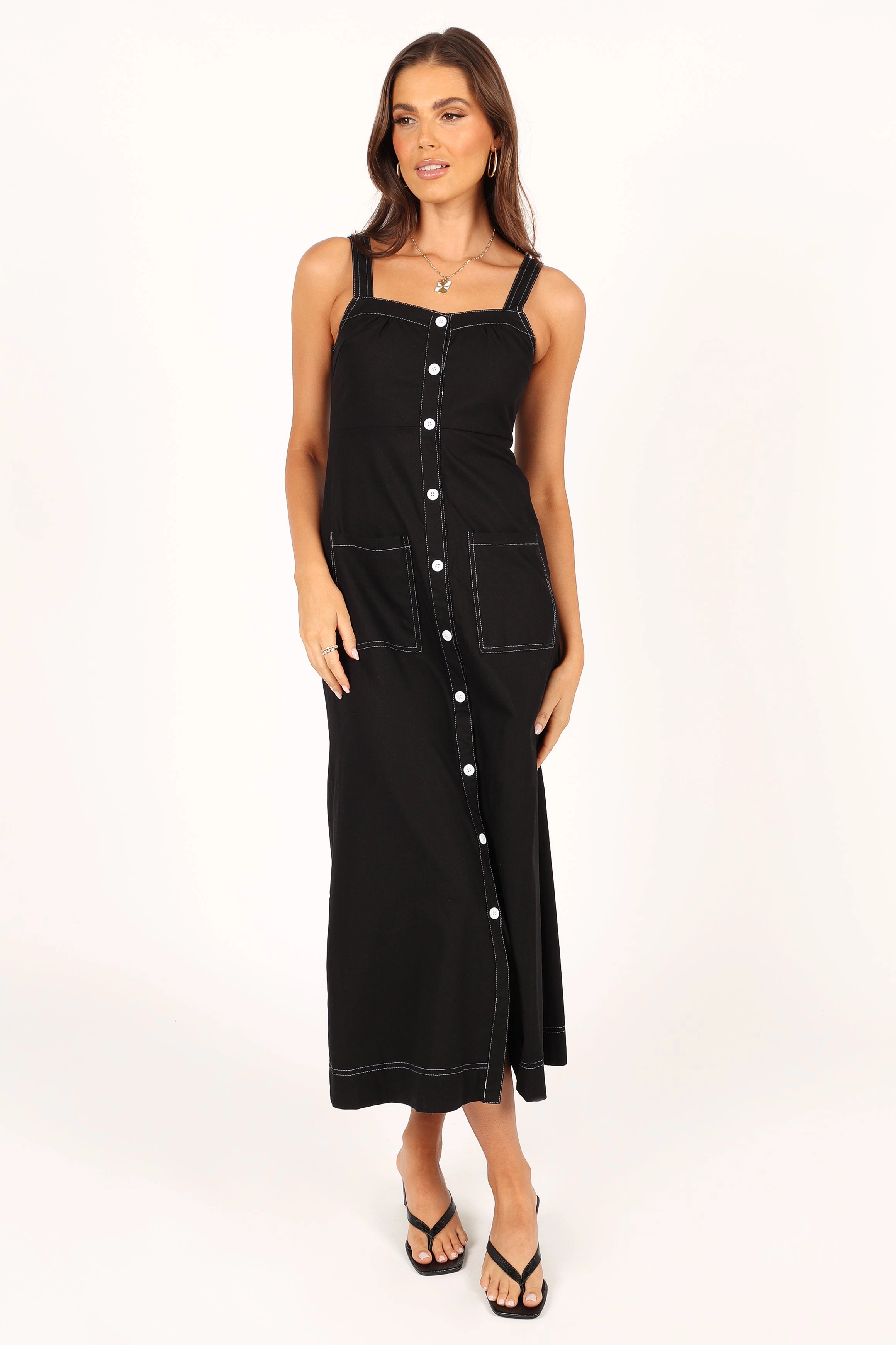 Estelle Contrast Stitch Midi Dress - Black