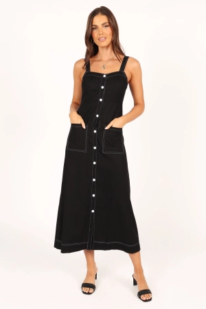 Estelle Contrast Stitch Midi Dress - Black
