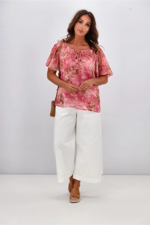 Gloss by Shine On Hilda Yoke Tie Top Pink Watercolour Floral