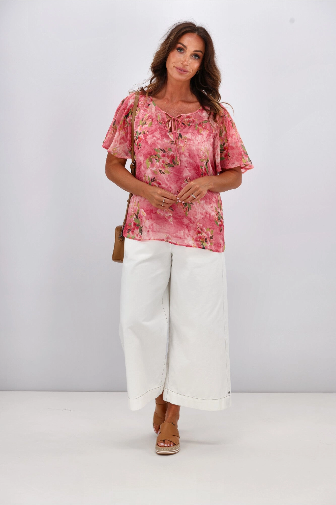 Gloss by Shine On Hilda Yoke Tie Top Pink Watercolour Floral