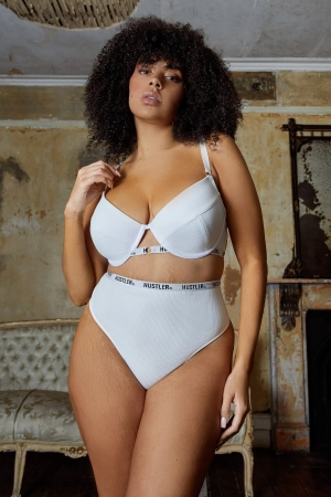 Hustler Branded Ribbed High Waist Thong Ivory