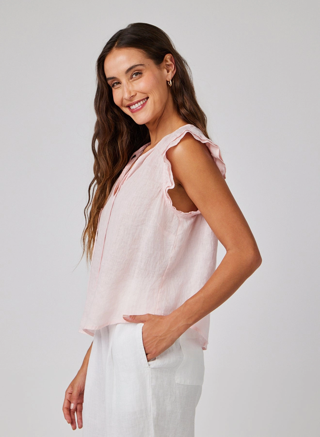 Linen Ruffle Sleeve Top - Pastel Pink