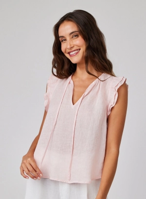 Linen Ruffle Sleeve Top - Pastel Pink
