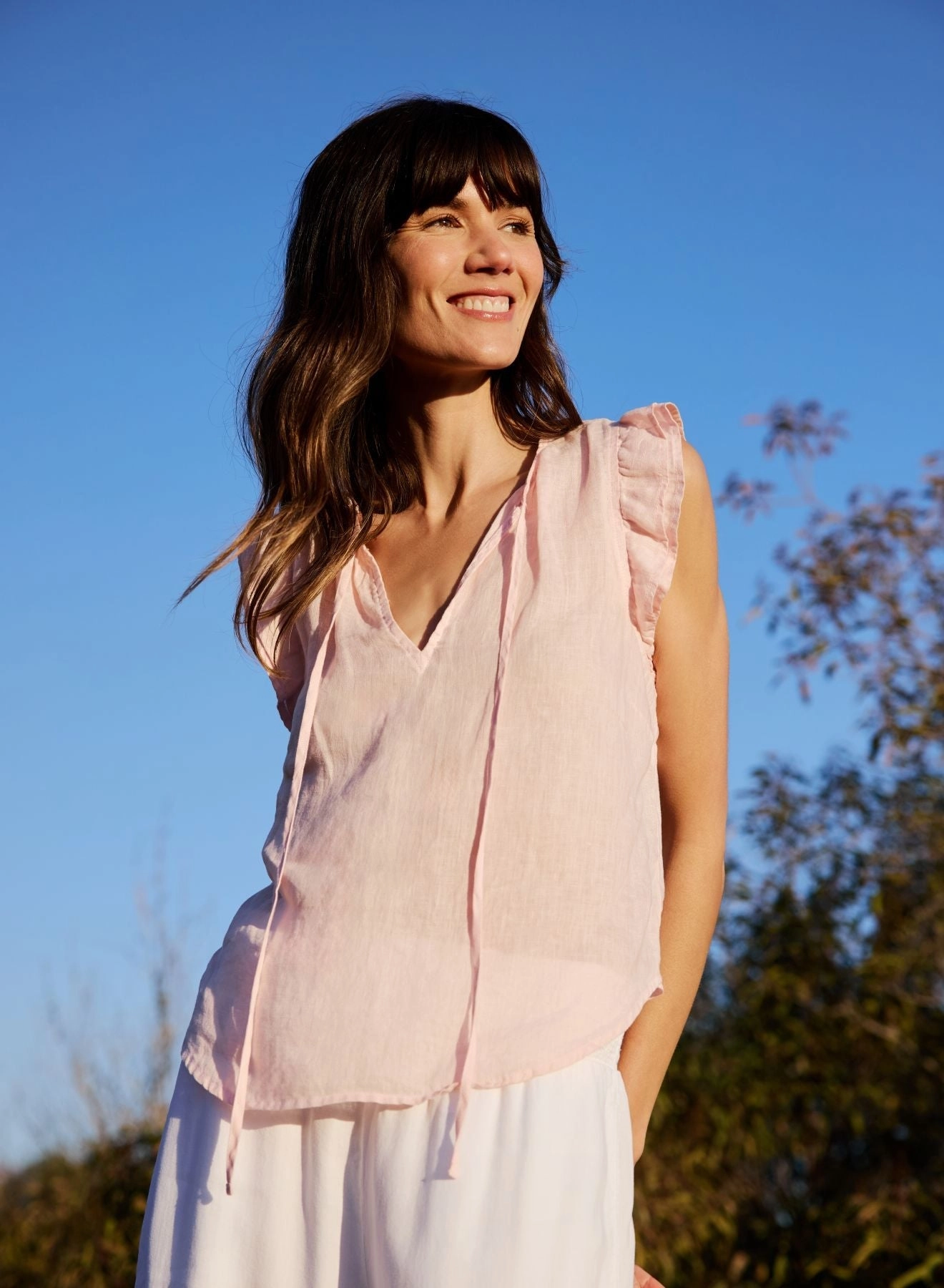 Linen Ruffle Sleeve Top - Pastel Pink