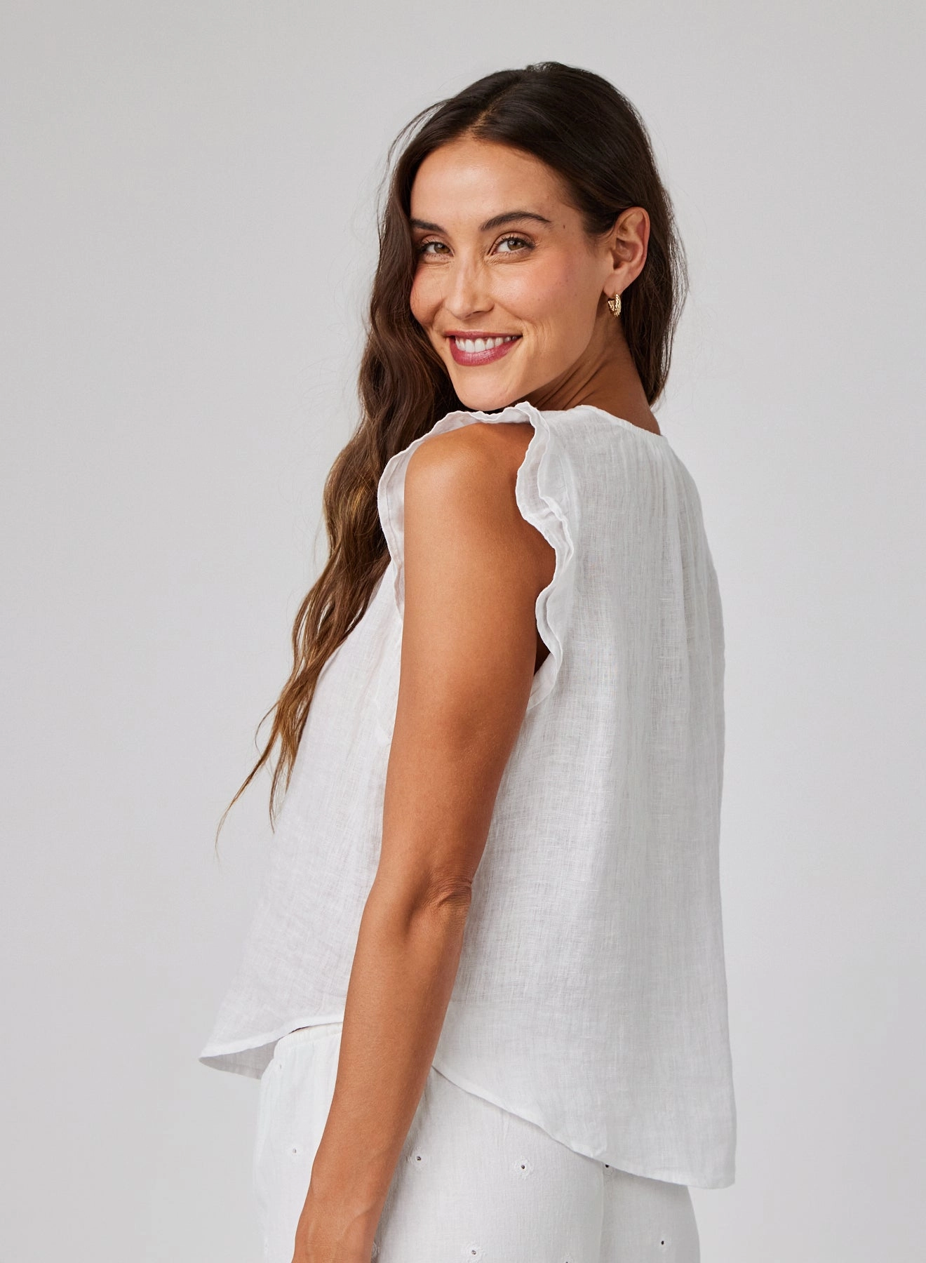 Linen Ruffle Sleeve Top - White
