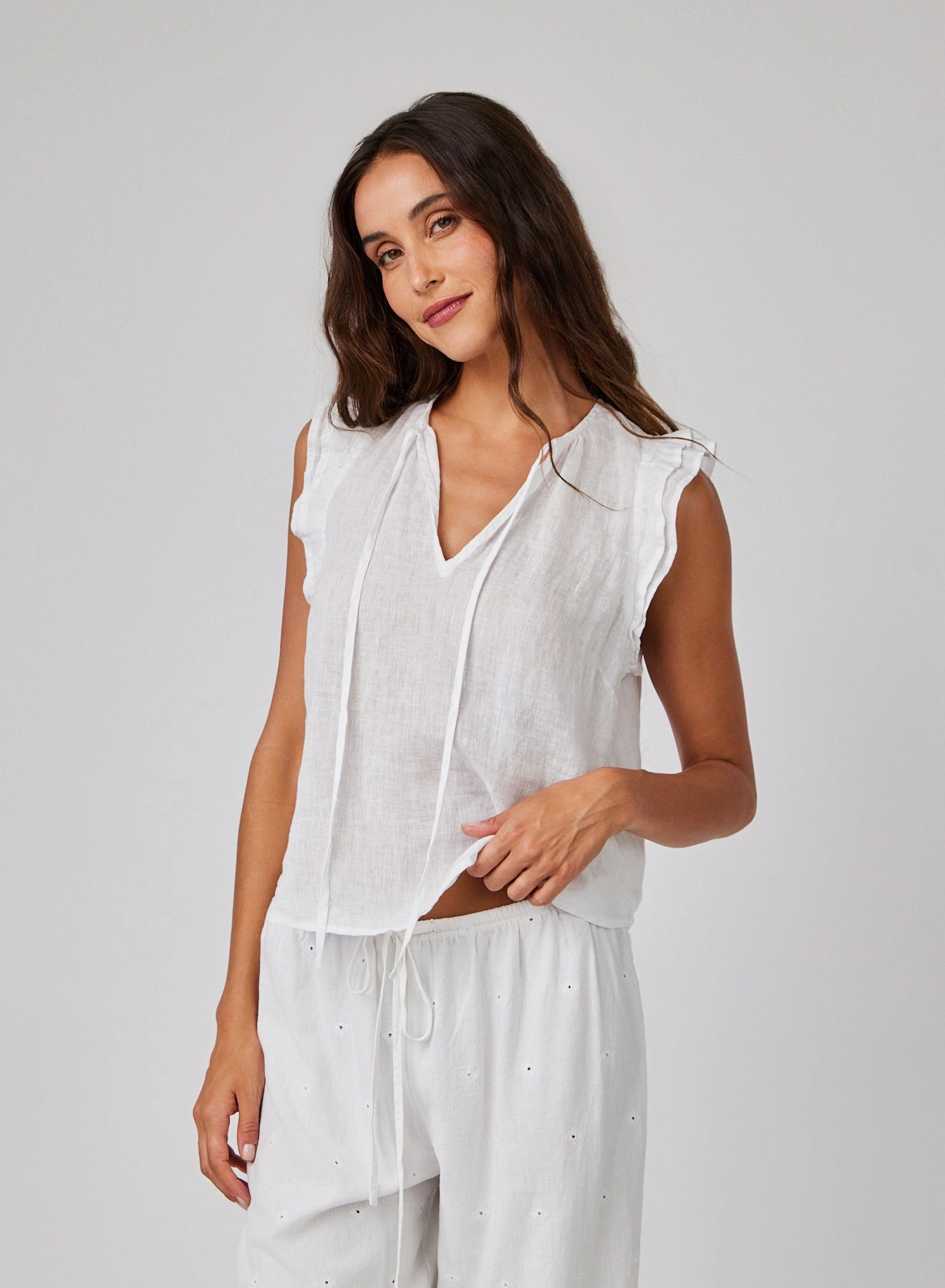 Linen Ruffle Sleeve Top - White