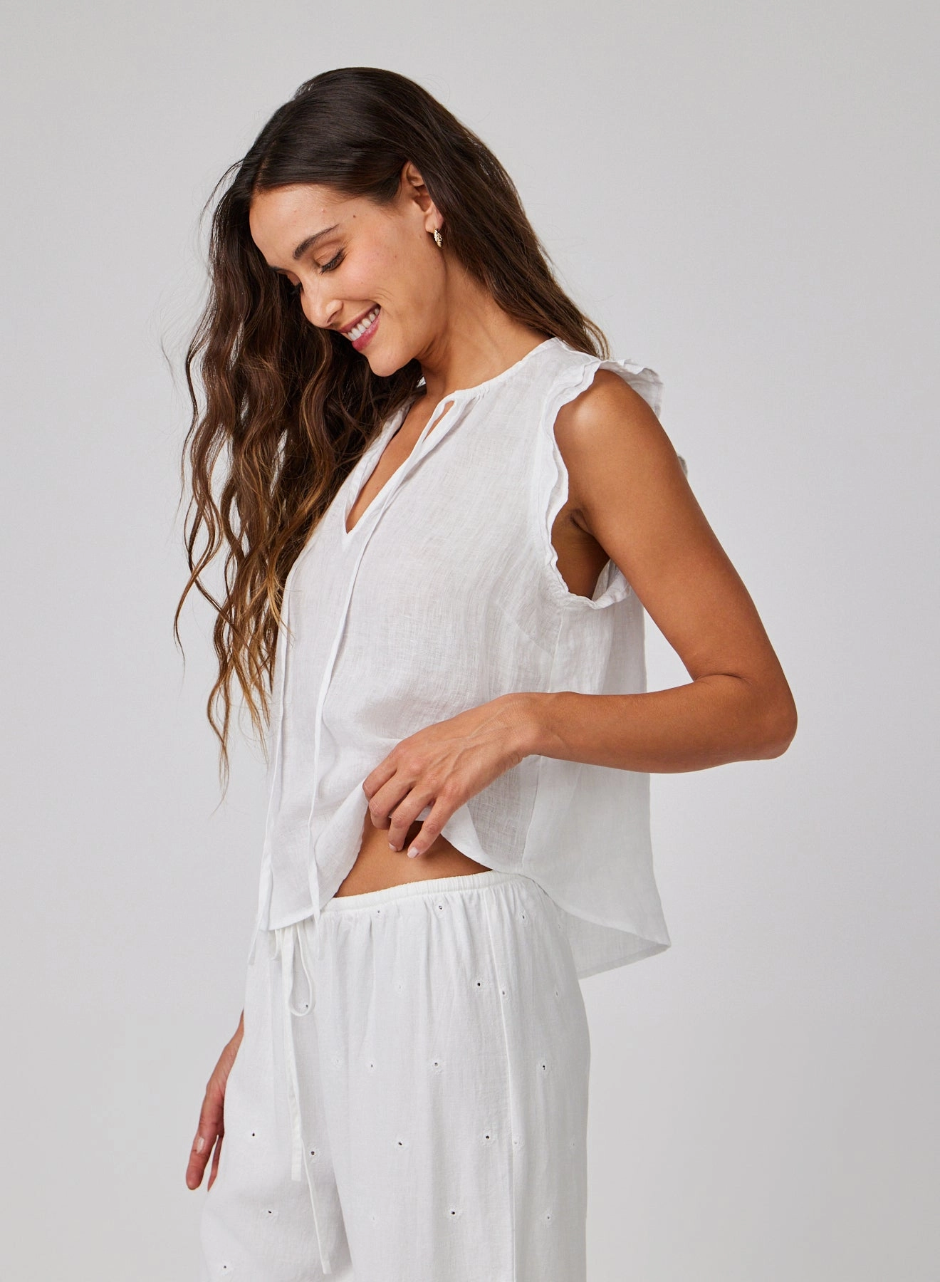 Linen Ruffle Sleeve Top - White
