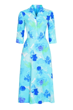 Midi Length A-Line. 3/4 Sleeve Dress in Turquoise/Blue Cloqué Silk Print - Naomi