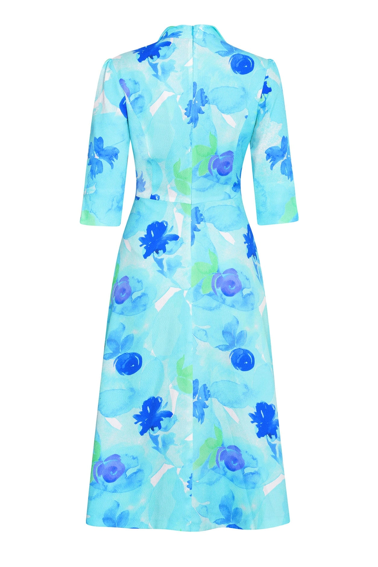 Midi Length A-Line. 3/4 Sleeve Dress in Turquoise/Blue Cloqué Silk Print - Naomi