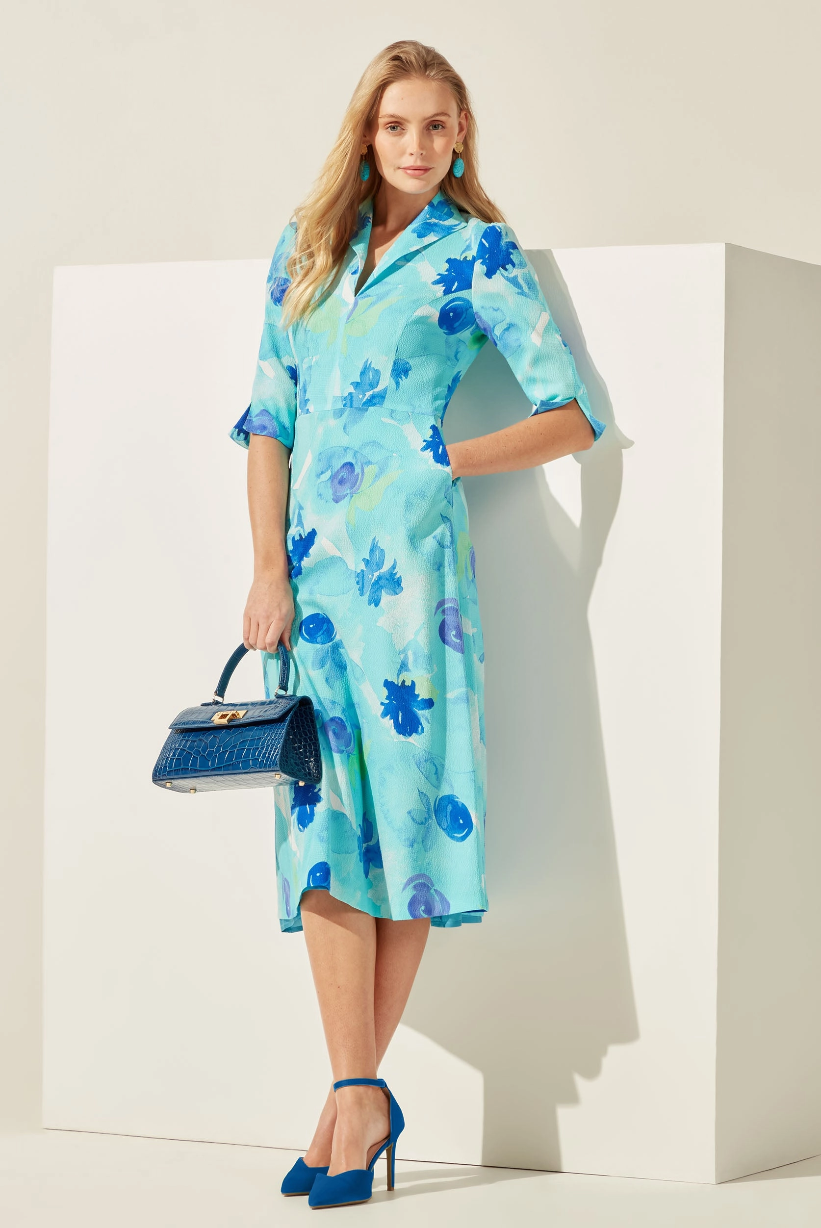 Midi Length A-Line. 3/4 Sleeve Dress in Turquoise/Blue Cloqué Silk Print - Naomi