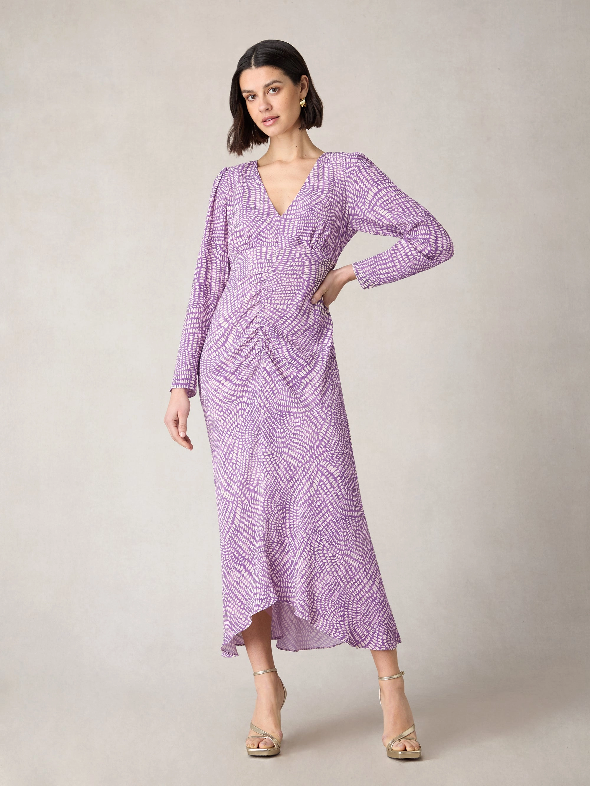 Petite Purple Geo Print Ruched Front Midi Dress