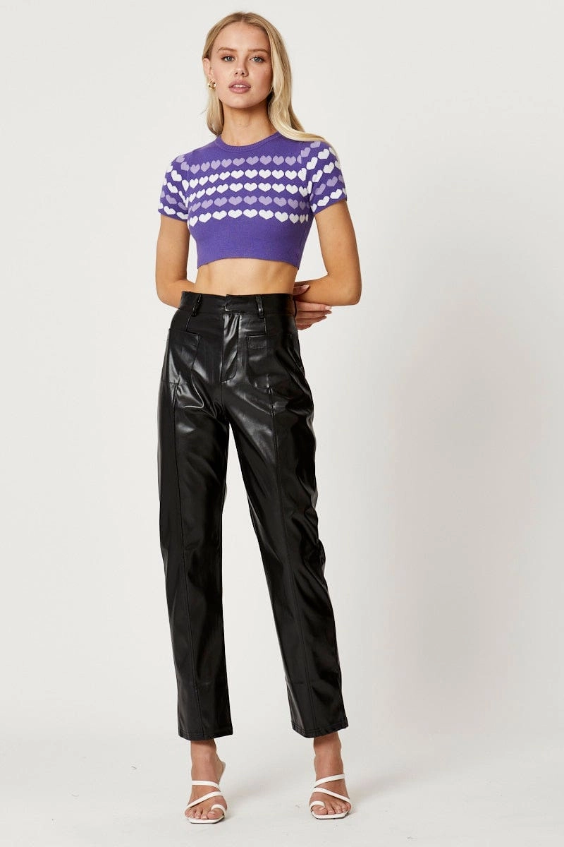 Purple Knit Top Short Sleeve Crop