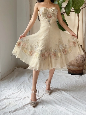 Vintage Silk Eavis and Brown Embroidered Dress - S/6