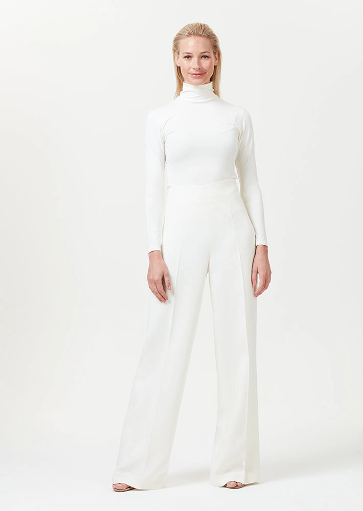 Wide Leg Trousers in Plain Ivory Faille - Paloma