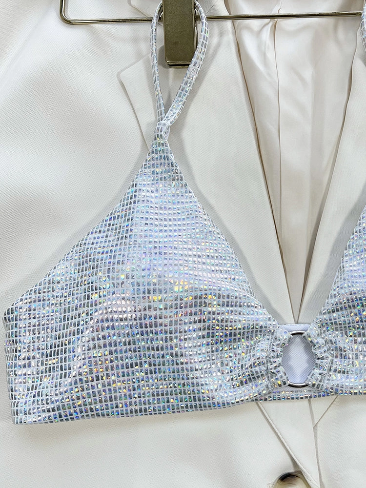 Women's Sparkle Glitter Bandage Bikini Set Swimsuit Triangle Bathing Suit