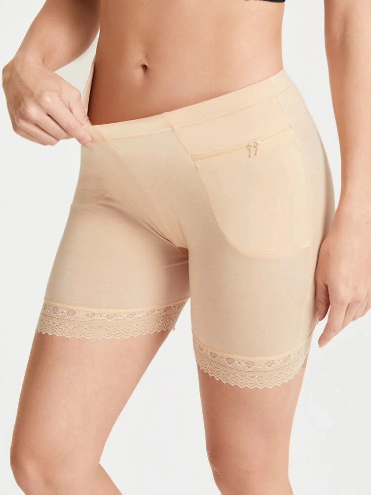 Zip Pocket Lace-Trimmed Leggings Safety Boyshorts